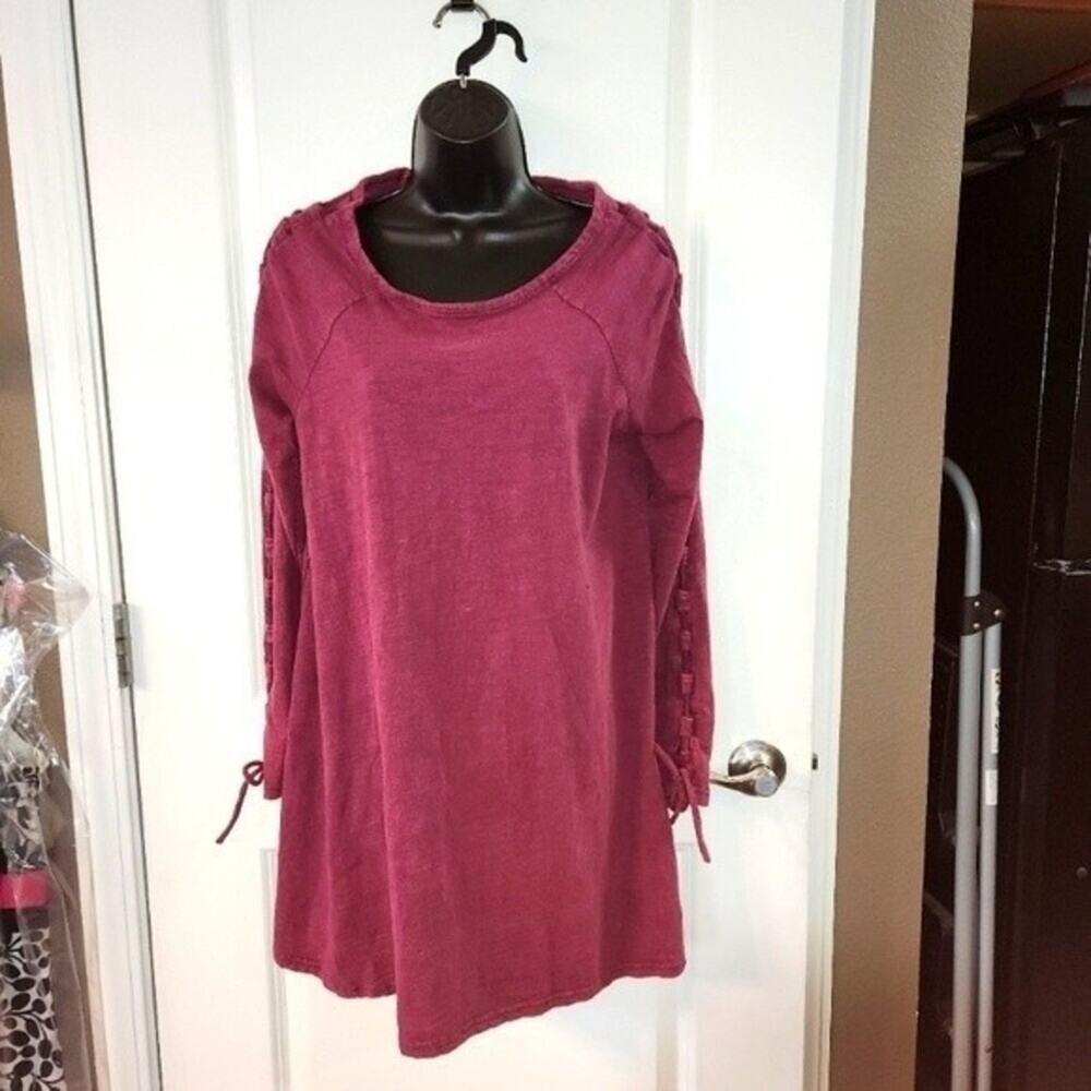 VERY J Tunic Dress Women Medium M Wine Red Long Lace Up Sleeve Mini 100% Cotton